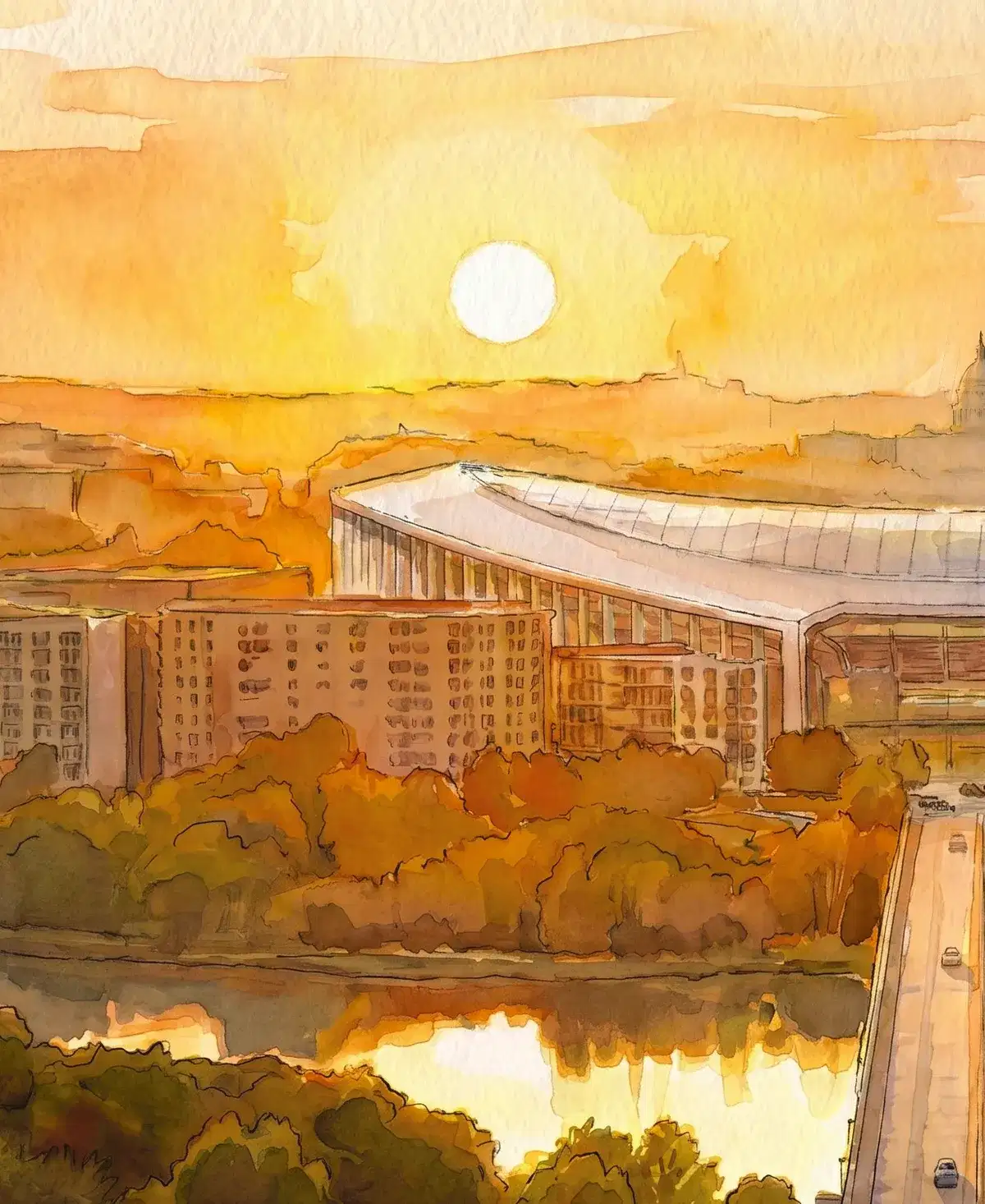 Watercolor rendering of the new stadium glowing at sunset above the trees across the Anacostia