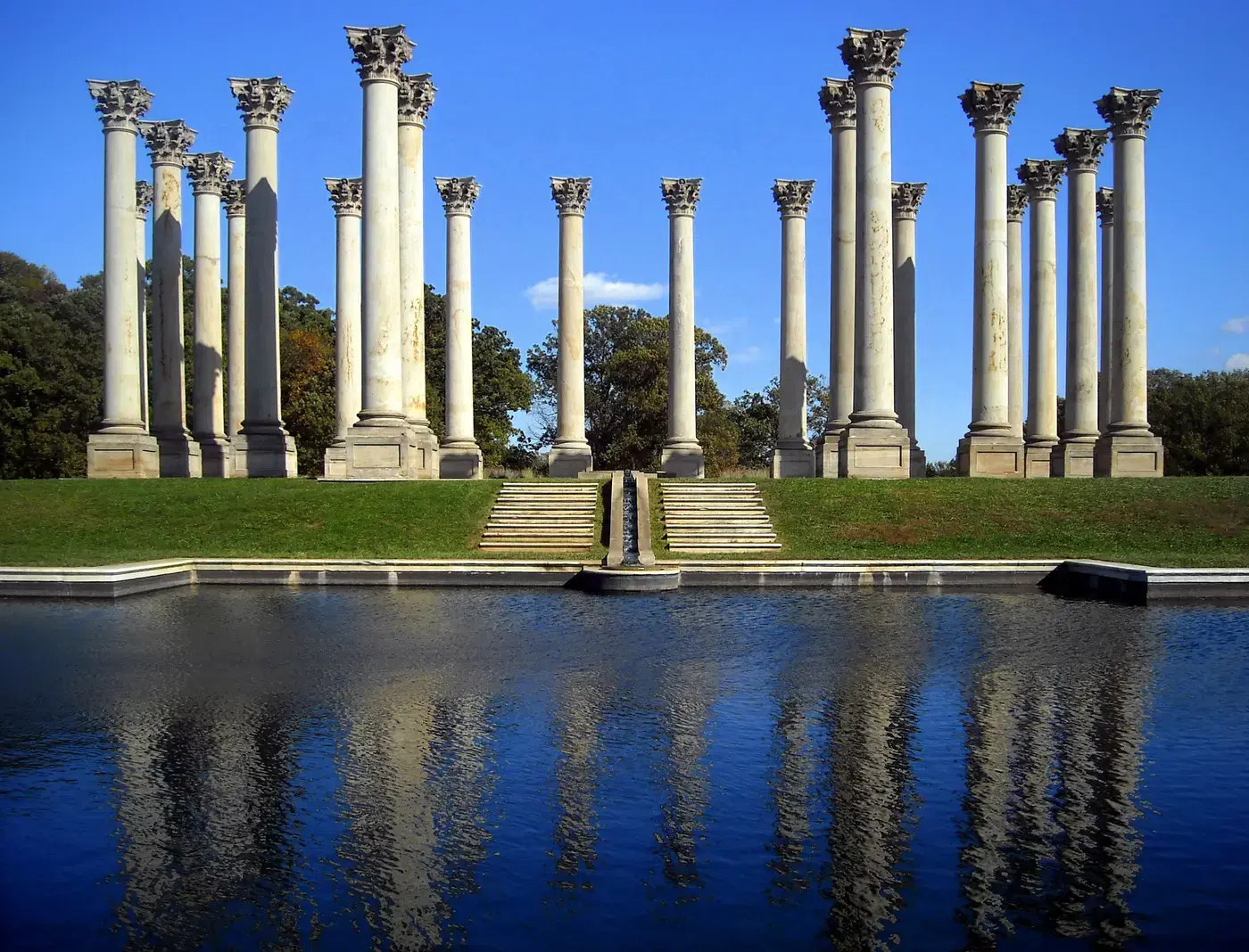 The National Capitol Columns standing above the reflecting pool at the National Arboretum, Washington, D.C.