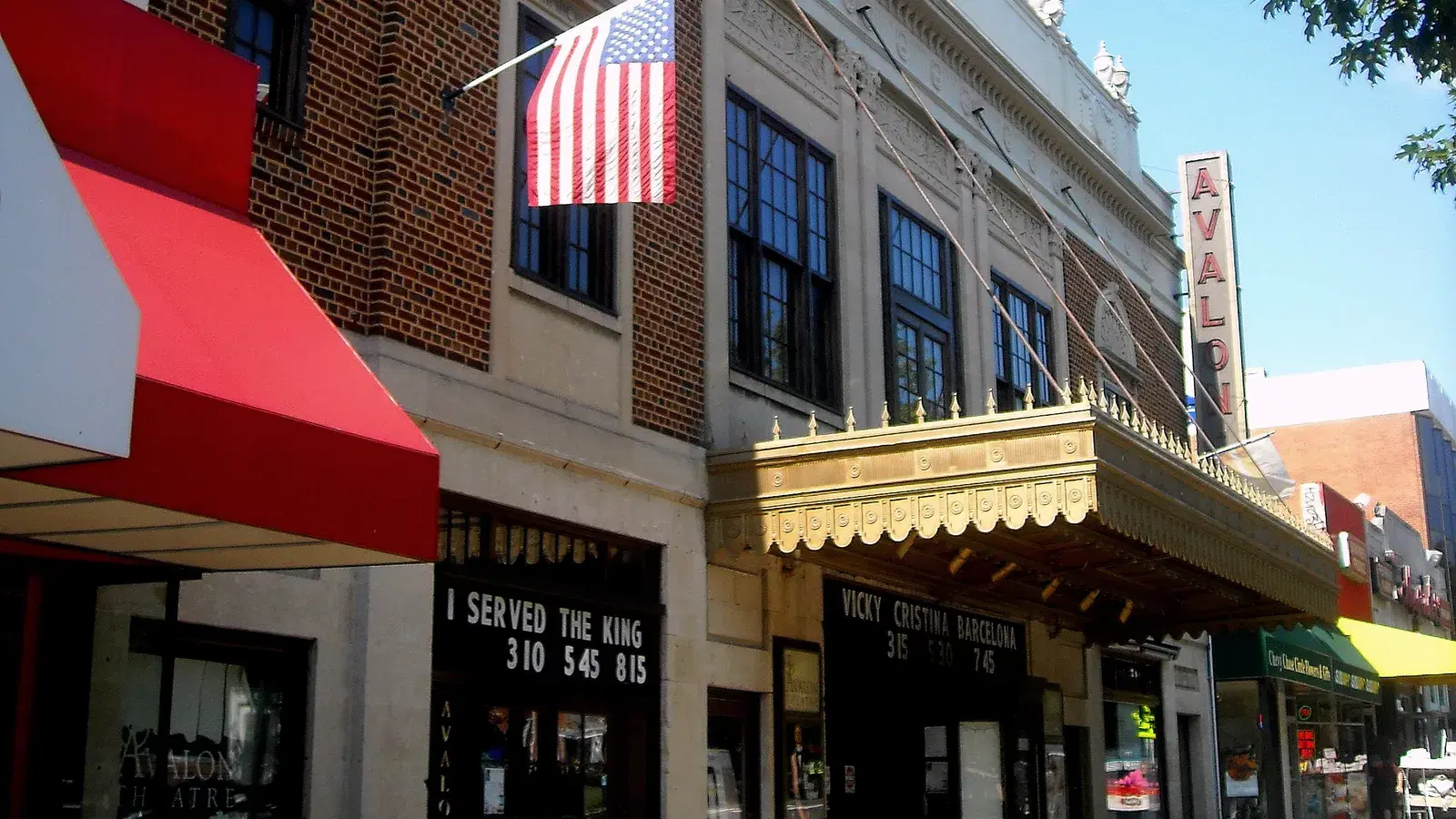 The Avalon Theatre marquee and storefronts on Connecticut Avenue NW in Chevy Chase DC, Washington, D.C.