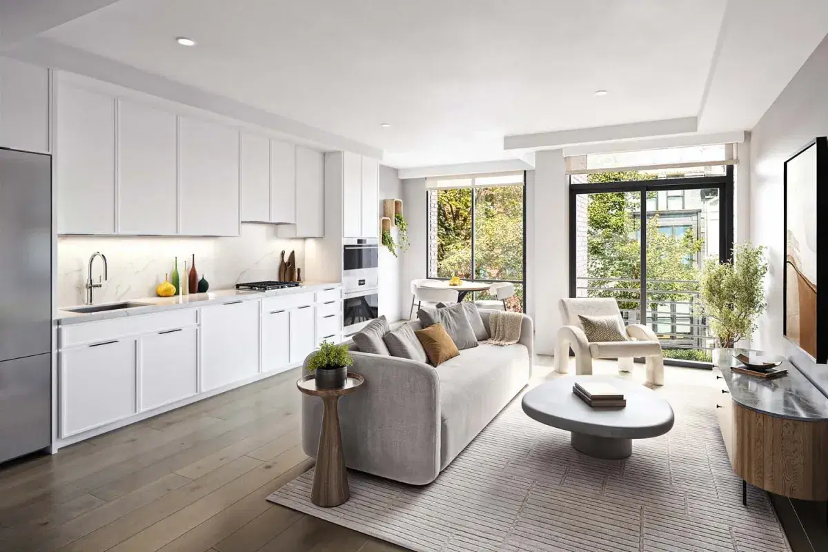 Rendering of a 14Church living room with a white kitchen along one wall, oak floors and floor-to-ceiling windows