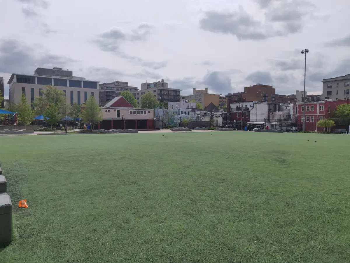 The turf field at Stead Park on P Street NW, with rowhouses and apartment buildings around it, Washington, D.C.