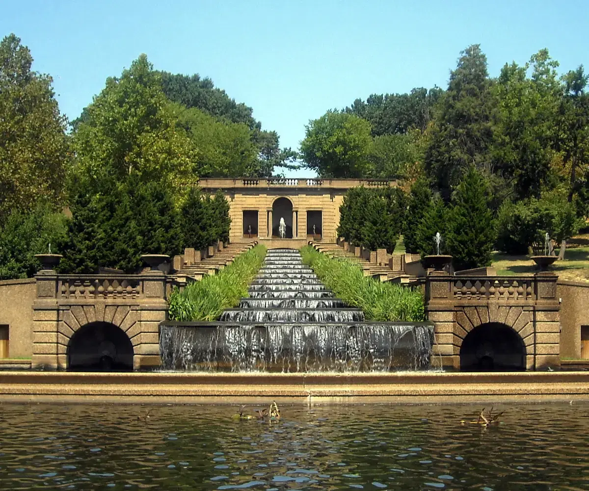 The thirteen-basin cascade fountain at Meridian Hill Park, symmetric frontal view