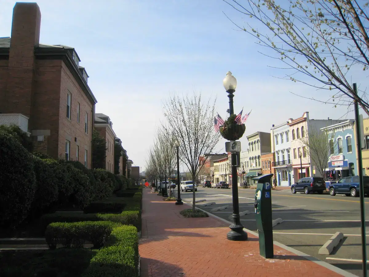 The brick sidewalk along the Marine Barracks on 8th Street SE, looking toward the Barracks Row commercial strip, Washington, D.C.