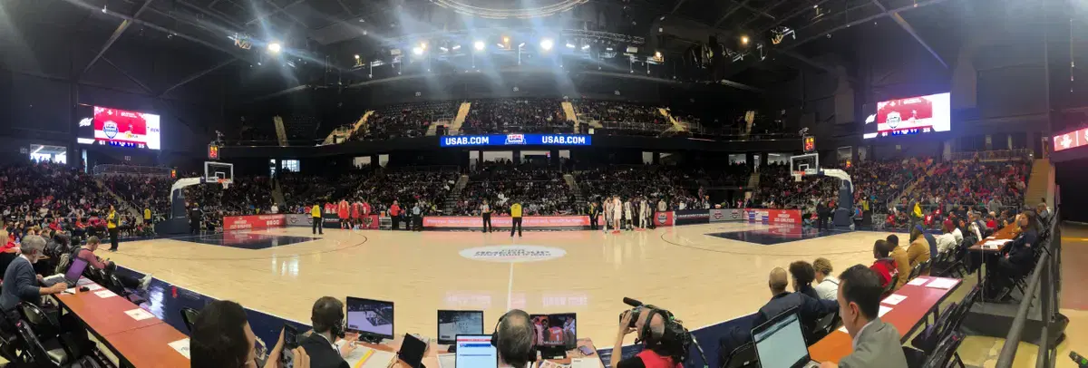Very wide interior pano of Entertainment and Sports Arena during USA Basketball AmeriCup qualifier, court + crowd; use as wide crop