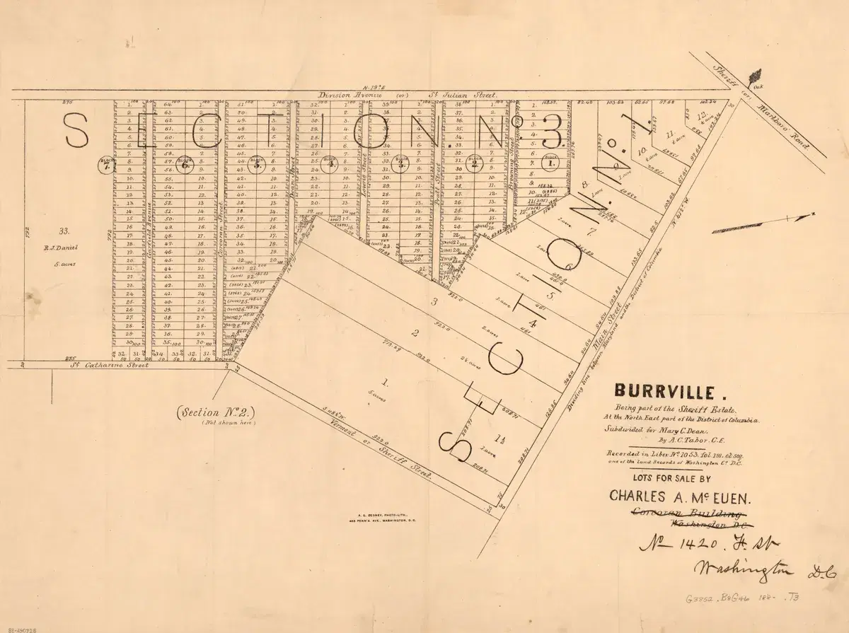 An 1880 survey plat of Burrville, part of the Sheriff estate, showing its lots in three sections