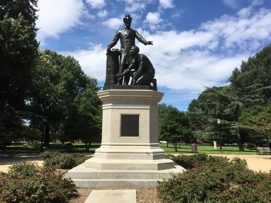 The Emancipation Memorial among lawns and paths in Lincoln Park, Capitol Hill, Washington, D.C.