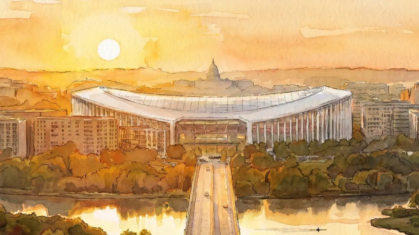 DC government concept rendering of the planned new stadium on the RFK campus, looking west across the Anacostia toward the Capitol dome at sunset.
