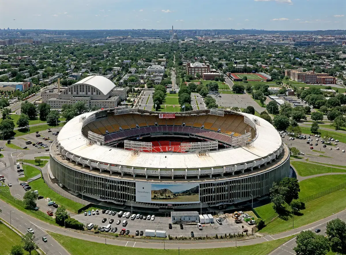 Aerial view of RFK Stadium and the DC Armory, with the Capitol dome and Washington Monument on the horizon, Washington, D.C.