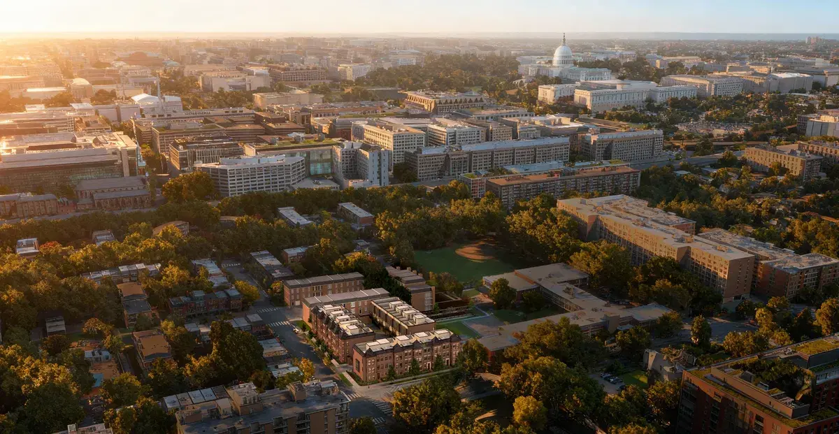 Aerial rendering of Lynden Row among the trees of Southwest DC, with the Capitol beyond