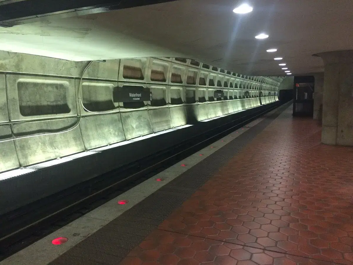 The platform at Waterfront Metro station with its station sign