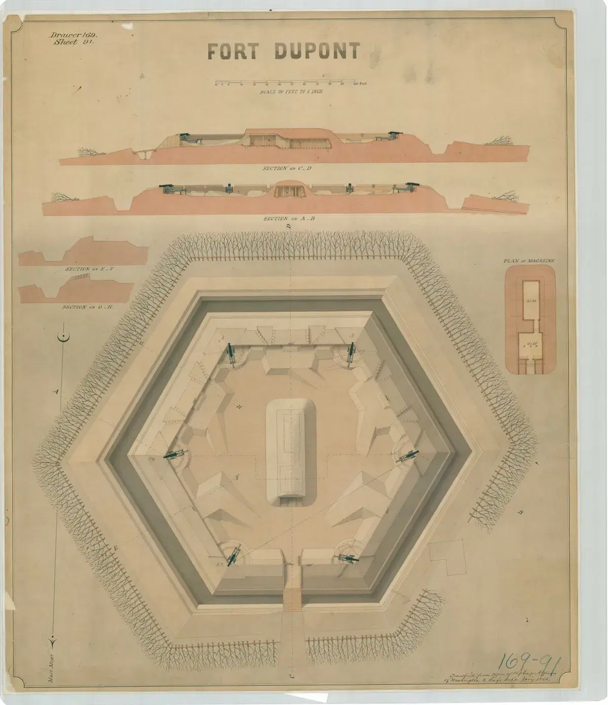 A hand-colored Army engineers' drawing of six-sided Fort Dupont, with cross-sections of its walls