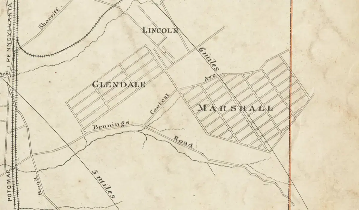An 1886 survey map showing the street grid of Marshall beside Glendale and Bennings Road