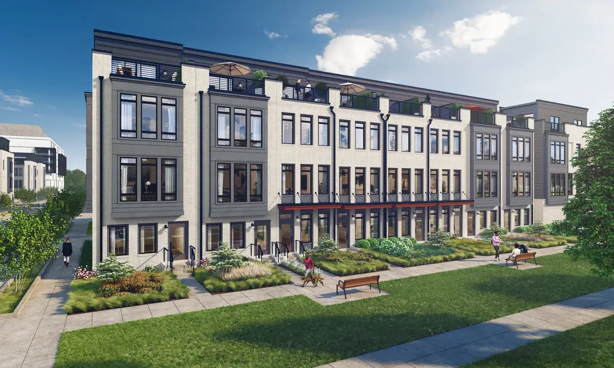 Rendering of four-story Bend townhomes in white brick and gray panels, with gardens and benches in front