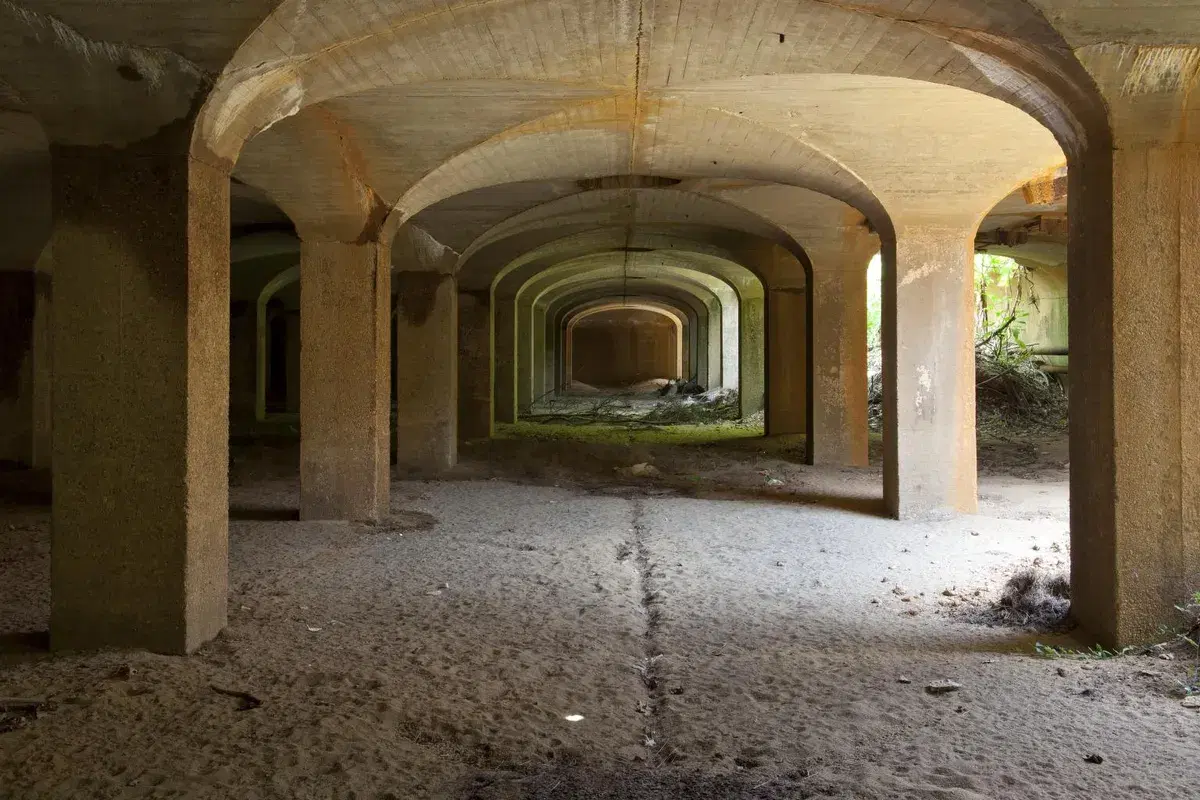 Rows of concrete columns and vaulted ceilings over a sand floor inside an underground filter bed