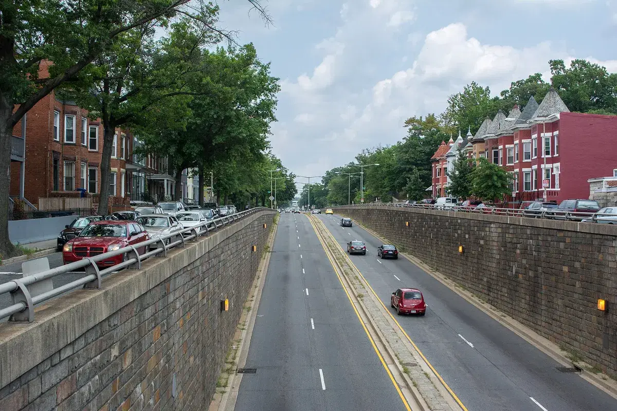 Looking north up North Capitol Street from Rhode Island Avenue, with rowhouses on both sides