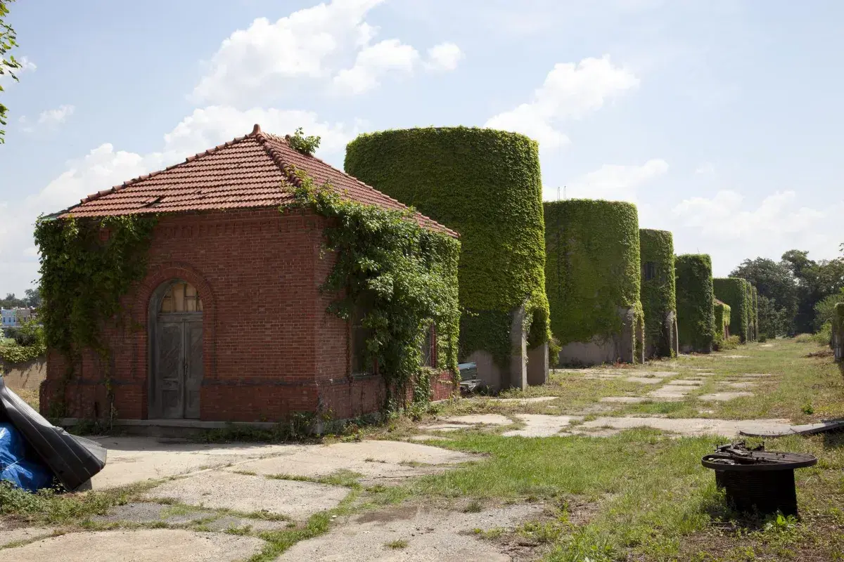 A brick regulator house with a tile roof beside a row of ivy-covered sand bins