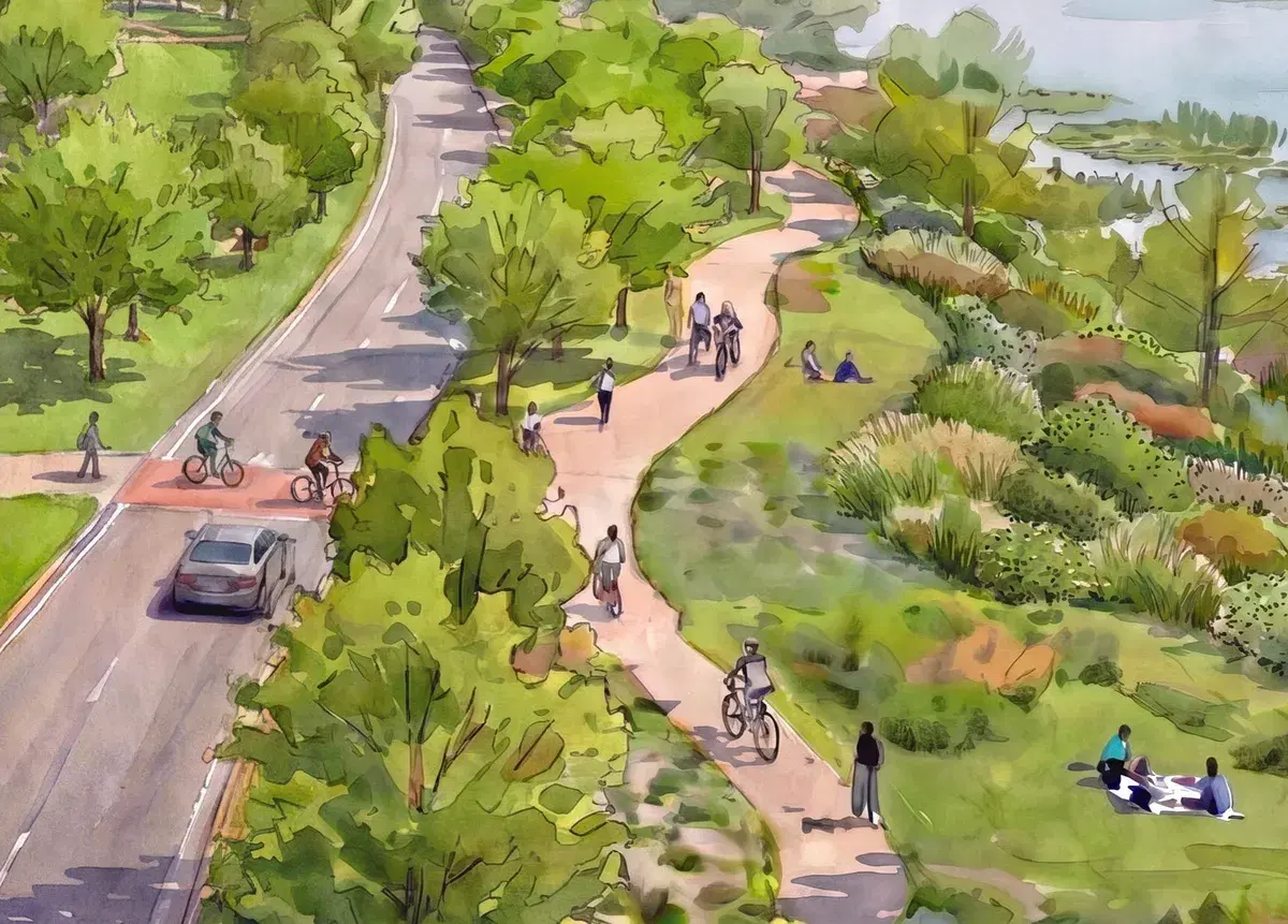 Rendering of a riverside trail with cyclists and walkers winding through native meadow plantings