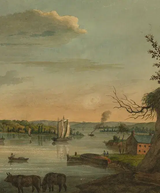 Painting of the wide Anacostia River with a sailboat, low green hills and cattle on the near bank