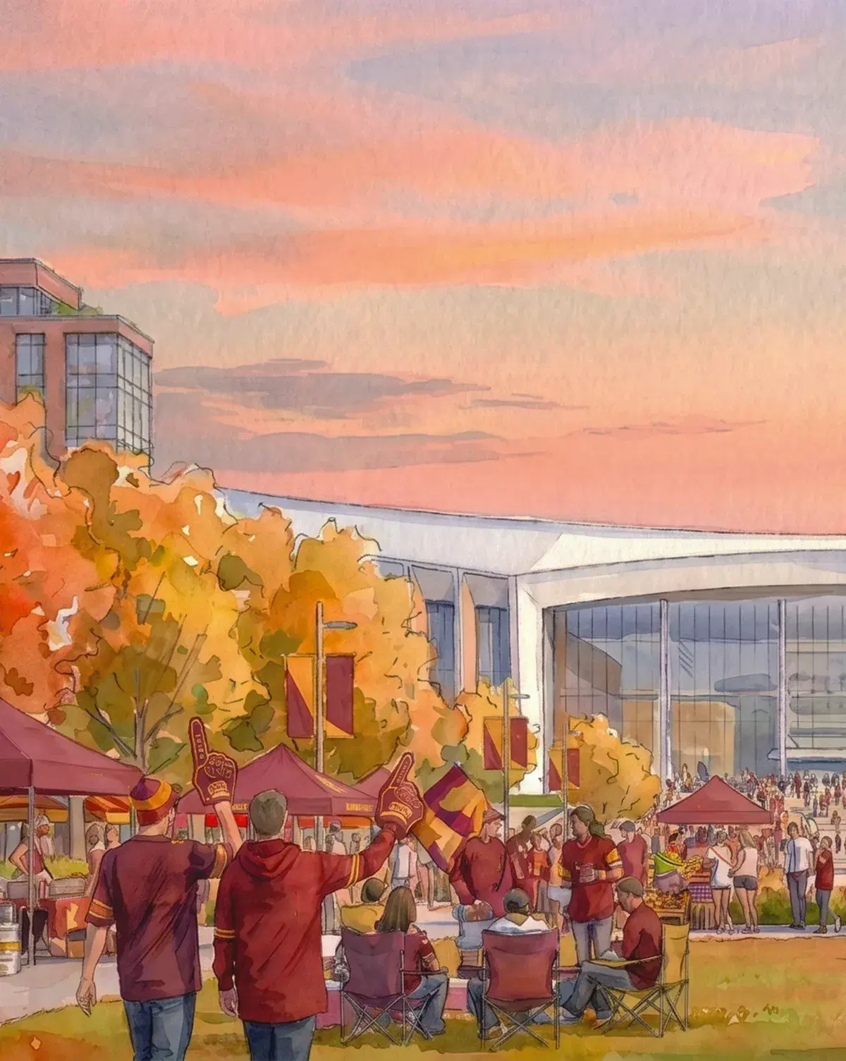 Rendering of fans tailgating under red tents on Festival Plaza, the stadium behind at sunset