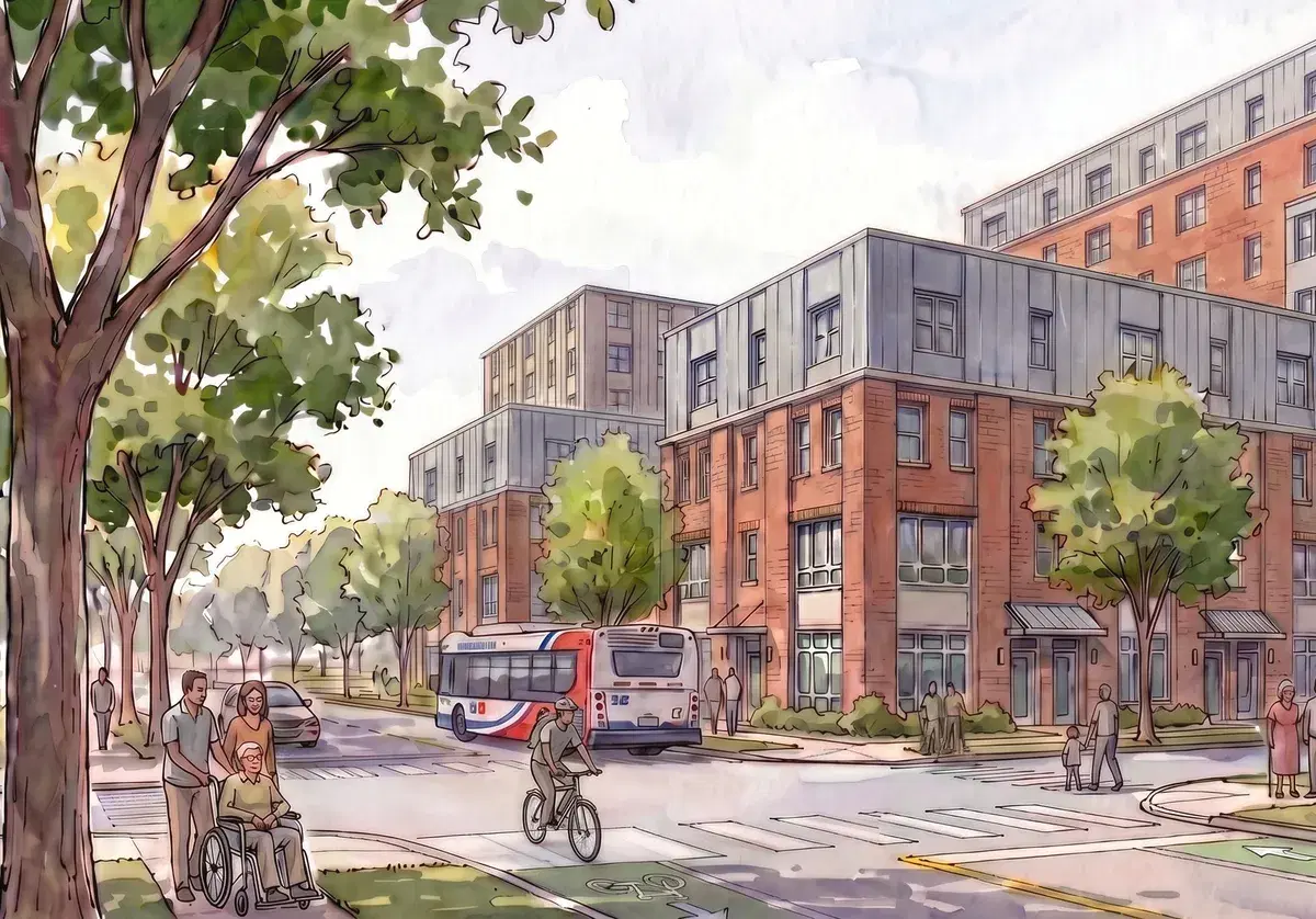 Rendering of brick apartment buildings along Oklahoma Avenue NE with a bus, a cyclist and people walking