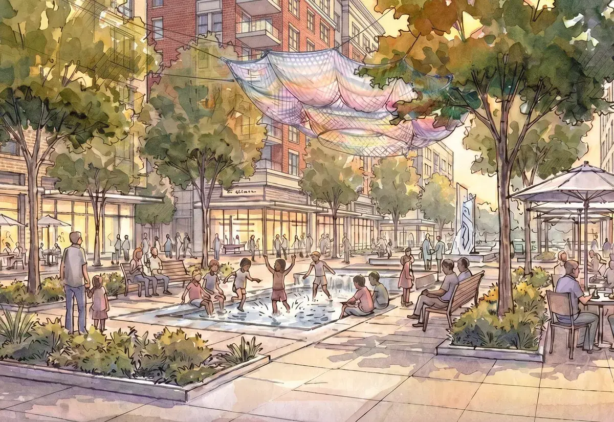 Rendering of a tree-shaded plaza with a splash fountain, café tables and mid-rise brick buildings in the Plaza District