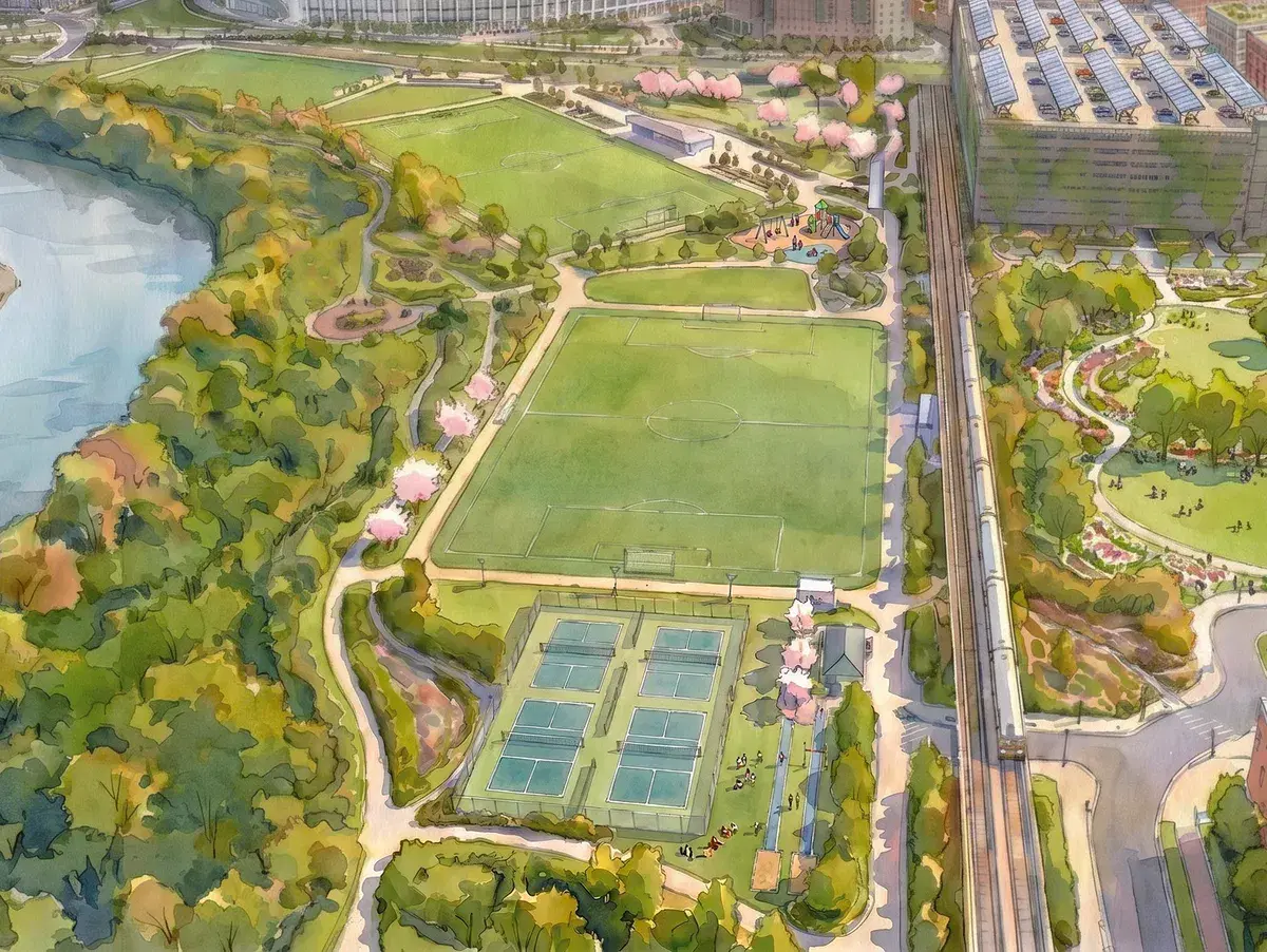 Rendering from above of sports fields, tennis courts and paths between the river and the Metro tracks