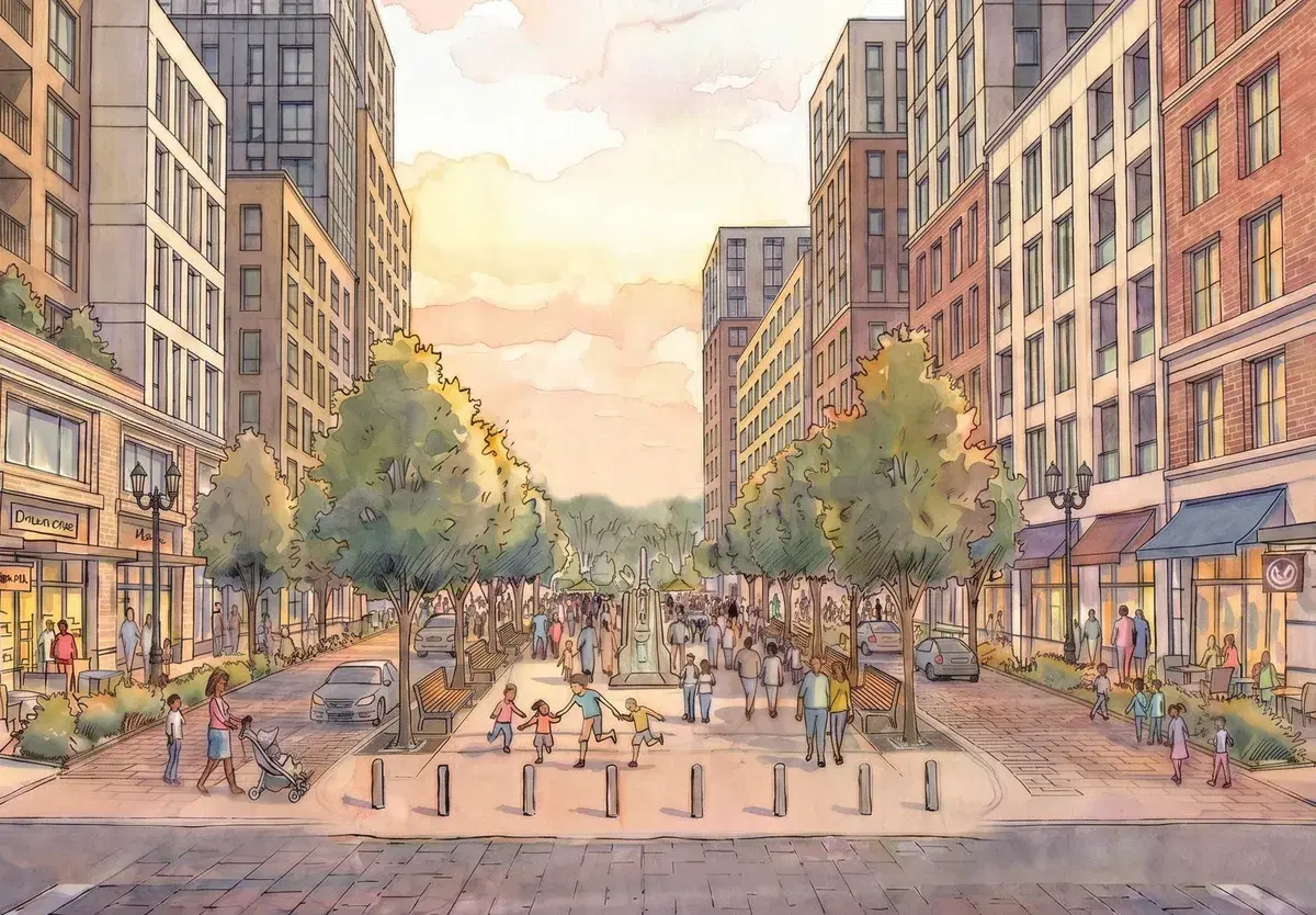 Rendering of River Street, a walking street with a planted median between mid-rise apartment buildings, leading toward the river