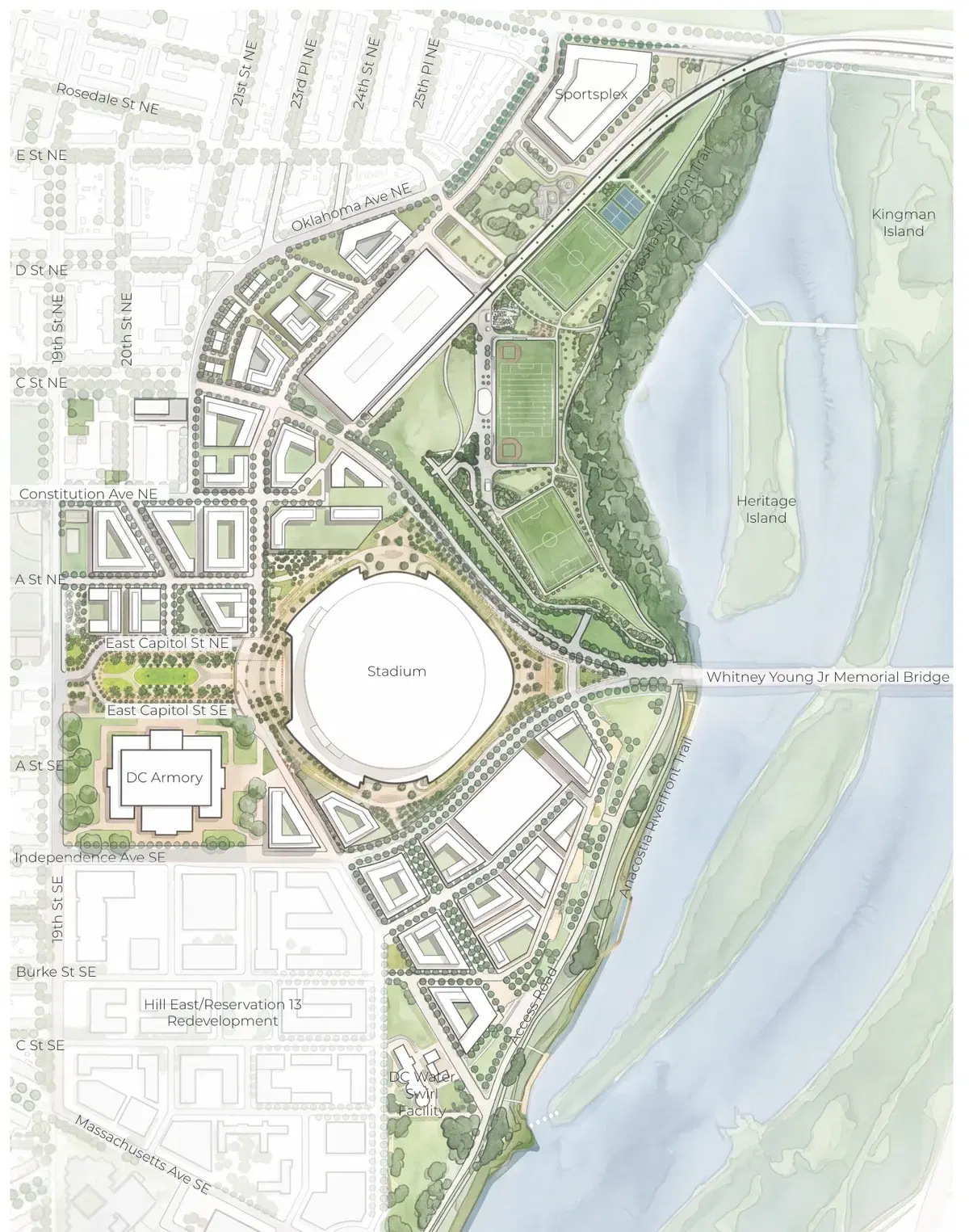 DC's illustrative site plan of the RFK Campus: the stadium at the center, new blocks to the north and south, sports fields and the Anacostia River to the east