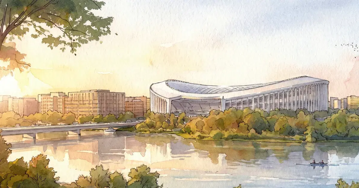 Rendering of the new roofed stadium seen across the Anacostia from Kingman Island
