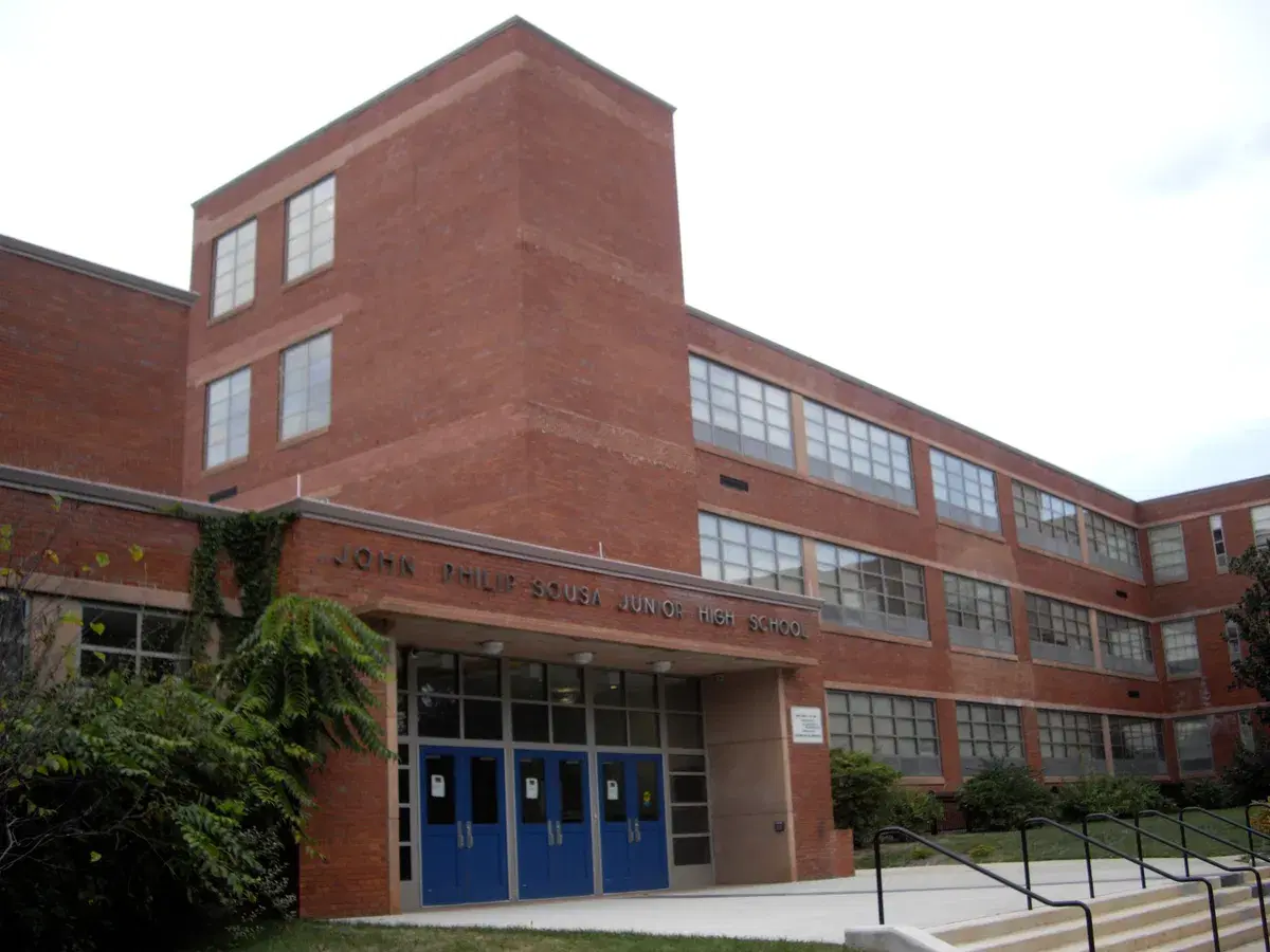 The brick entrance of the John Philip Sousa Junior High School building on Ely Place SE
