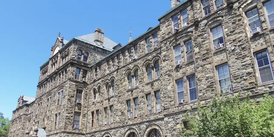 Caldwell Hall, the stone Romanesque original building of the Catholic University of America, Brookland, Washington, D.C.