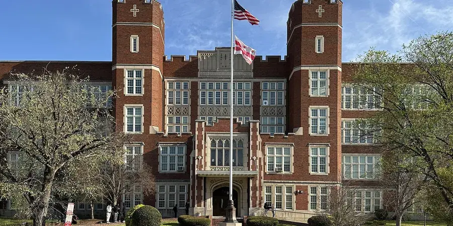 The crenellated brick towers of Eastern High School's 1923 campus on East Capitol Street, Washington, D.C.