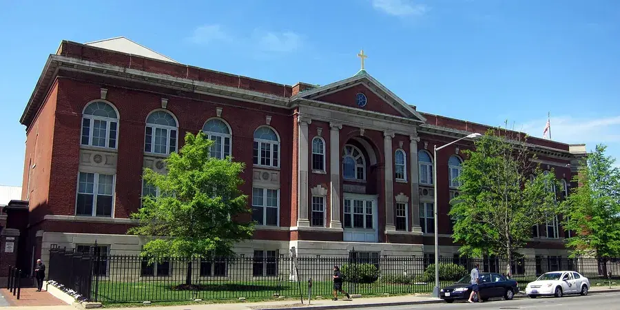 The brick facade of Gonzaga College High School on North Capitol Street, Washington, D.C.