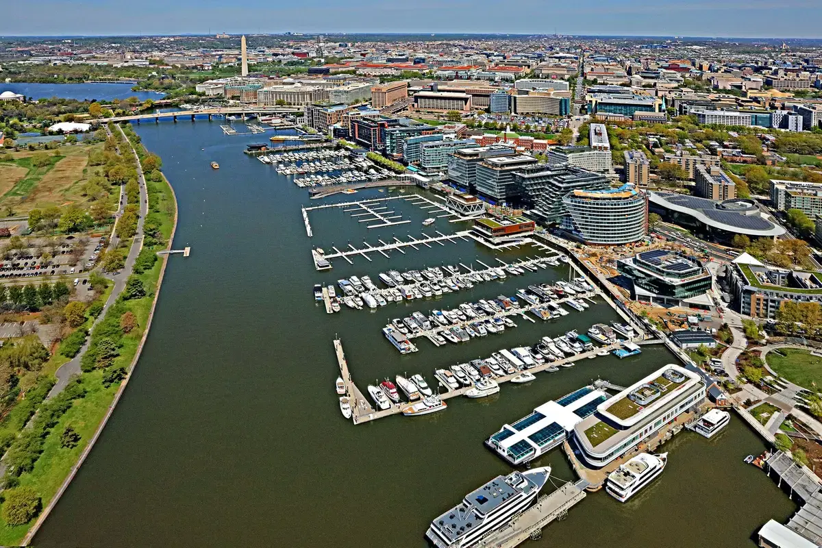 Aerial view of the Wharf's piers, marina, and promenade along the Washington Channel, Washington, D.C.