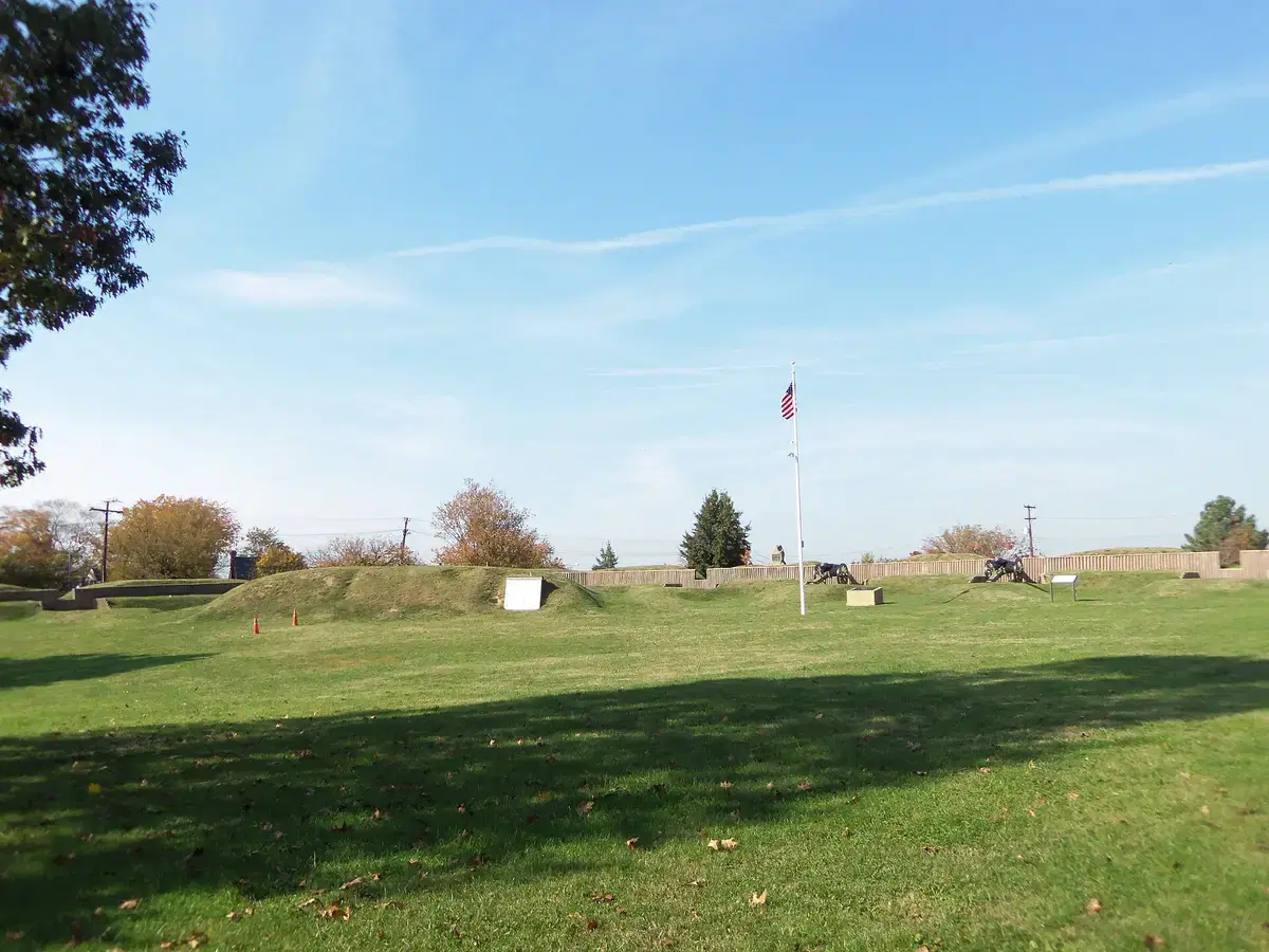 The restored earthworks, flagpole, and cannons at Fort Stevens, Washington, D.C.