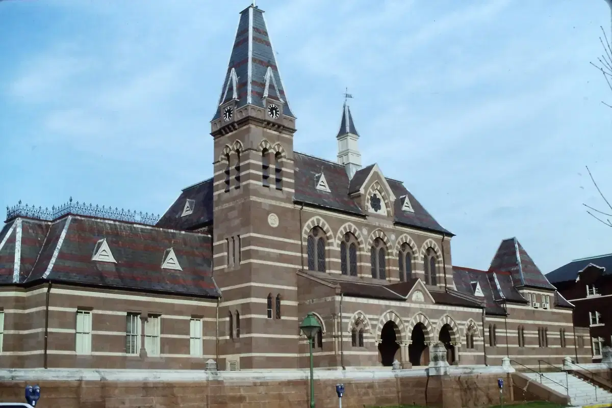 The Victorian Gothic facade and clock tower of Chapel Hall at Gallaudet University, Washington, D.C.