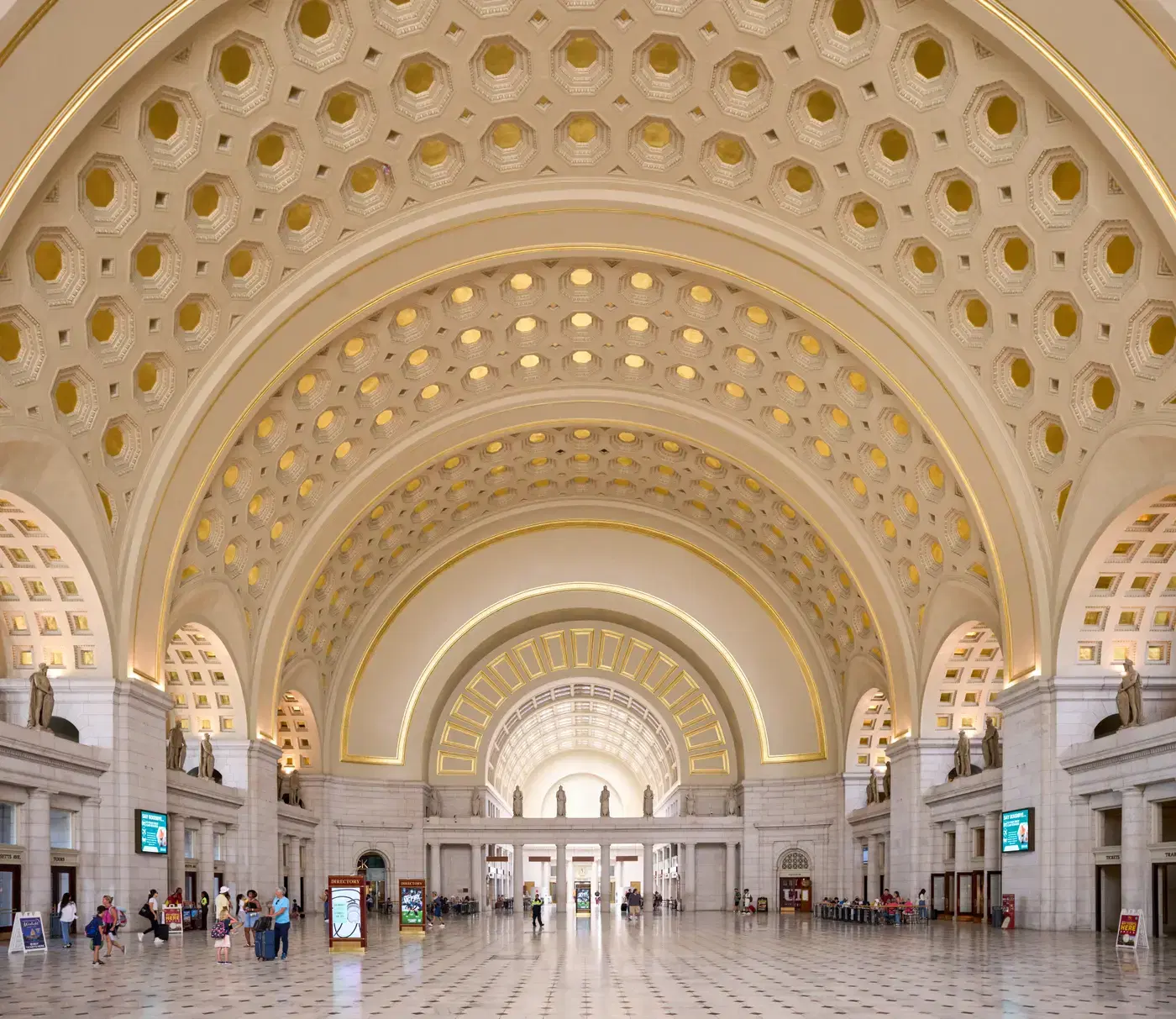 The gilded, coffered barrel vaults of the Great Hall at Washington Union Station.