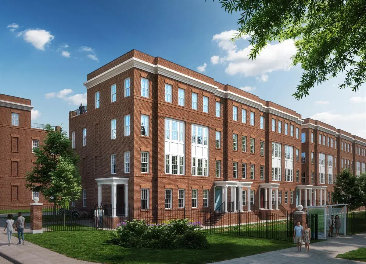 Rendering of Rock Creek View's four-story brick brownstones with white porticos along a lawn