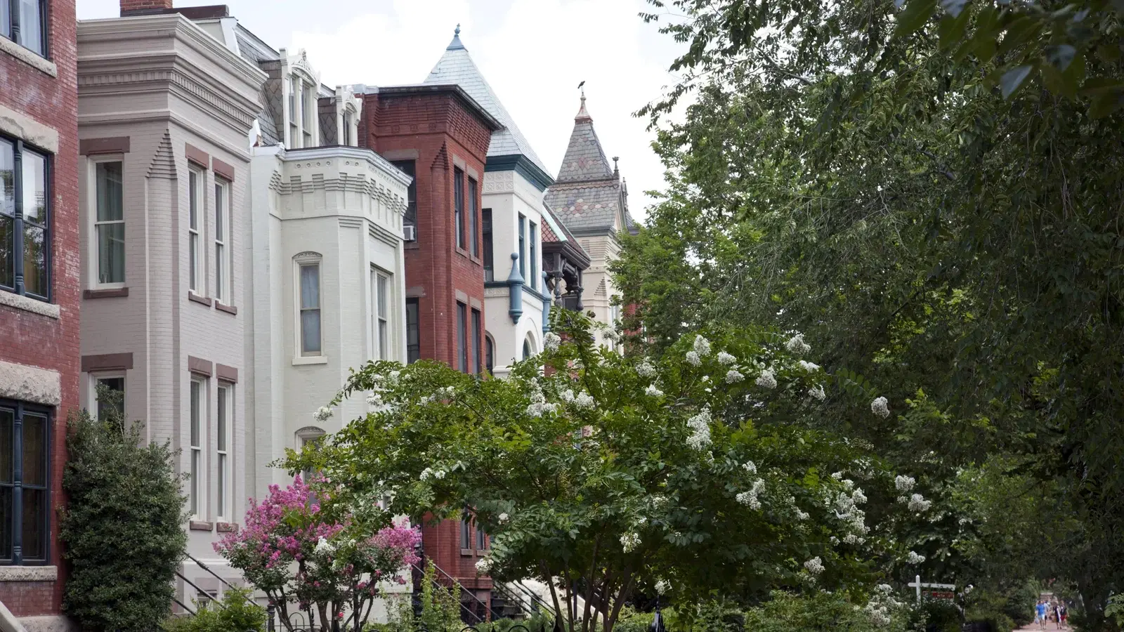 A tree-lined Capitol Hill street of brick rowhouses.