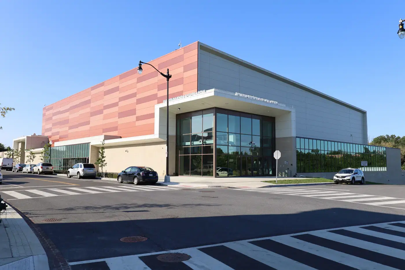 The copper-toned exterior of the Entertainment and Sports Arena at St. Elizabeths East, Washington, D.C.