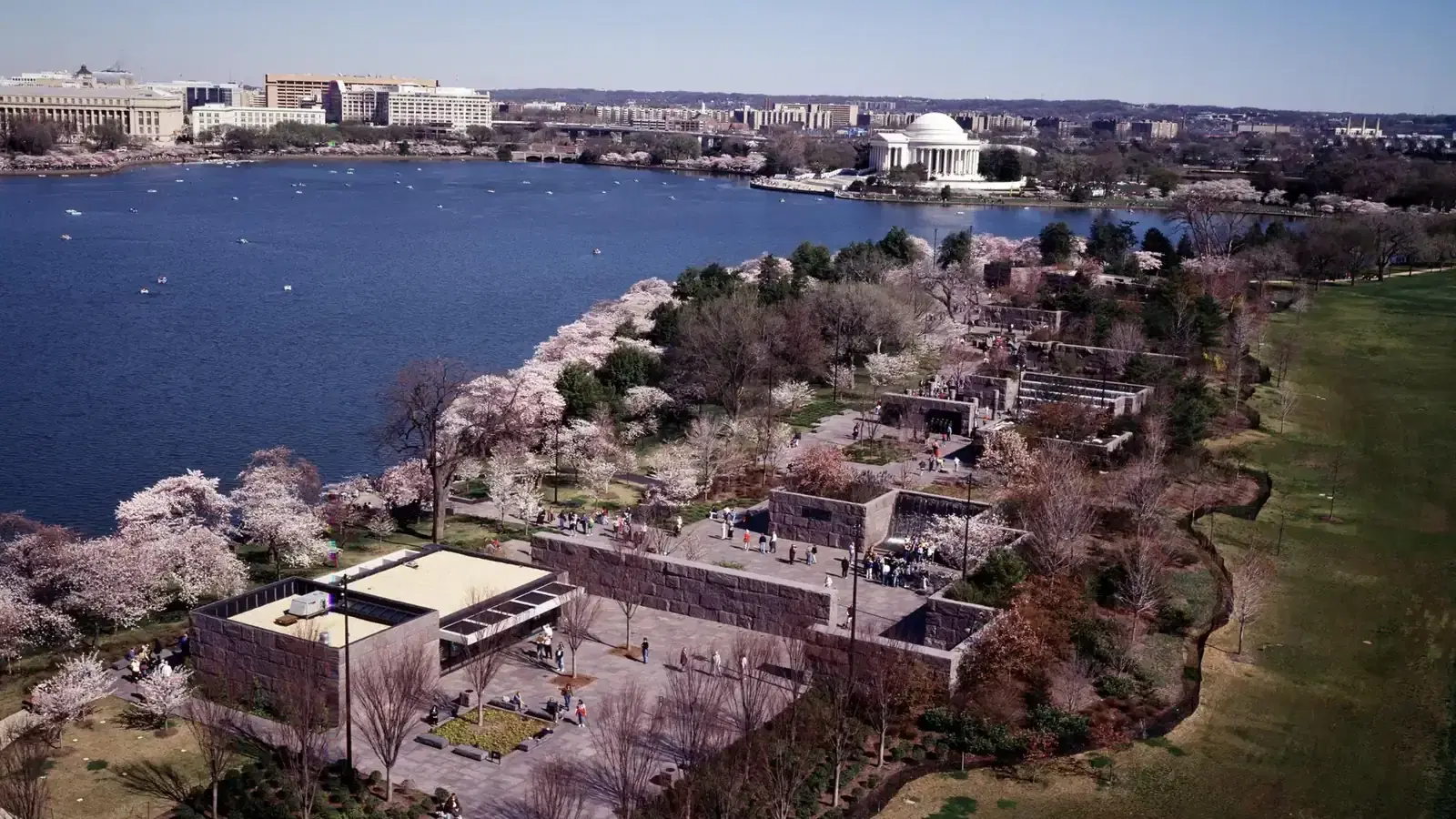 Aerial view of cherry blossoms around the Tidal Basin, Washington, D.C.