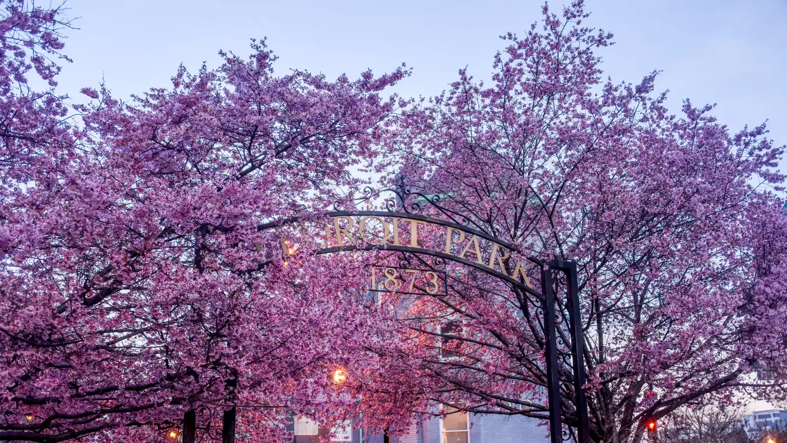 The LeDroit Park 1873 entrance arch at 6th and T Streets NW framed by blooming cherry trees, Washington, D.C.