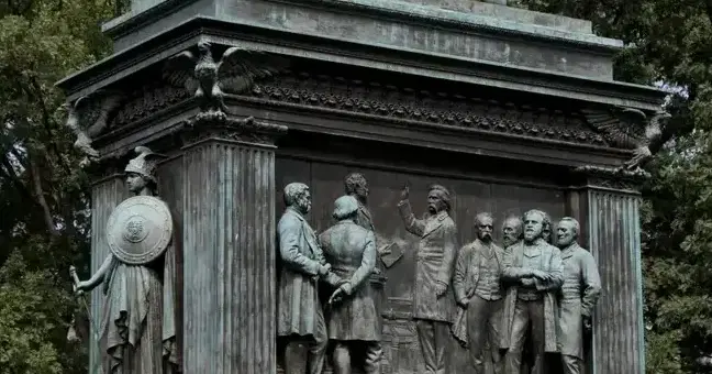 The bronze bas-relief and pedestal of the General John A. Logan Memorial on Logan Circle, Washington, D.C.