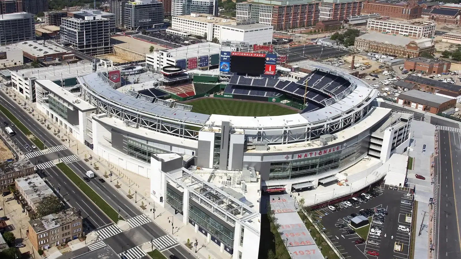 Aerial view of Nationals Park and the surrounding Navy Yard neighborhood, Washington, DC