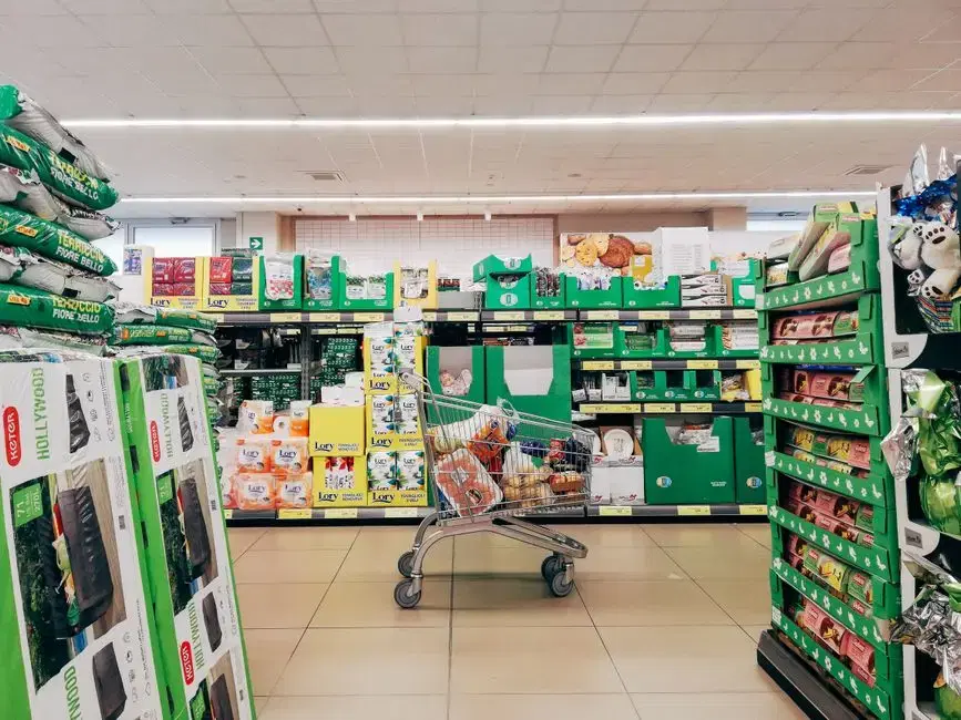 Thematic: shopping cart in an anonymous big-box store aisle; no location cues