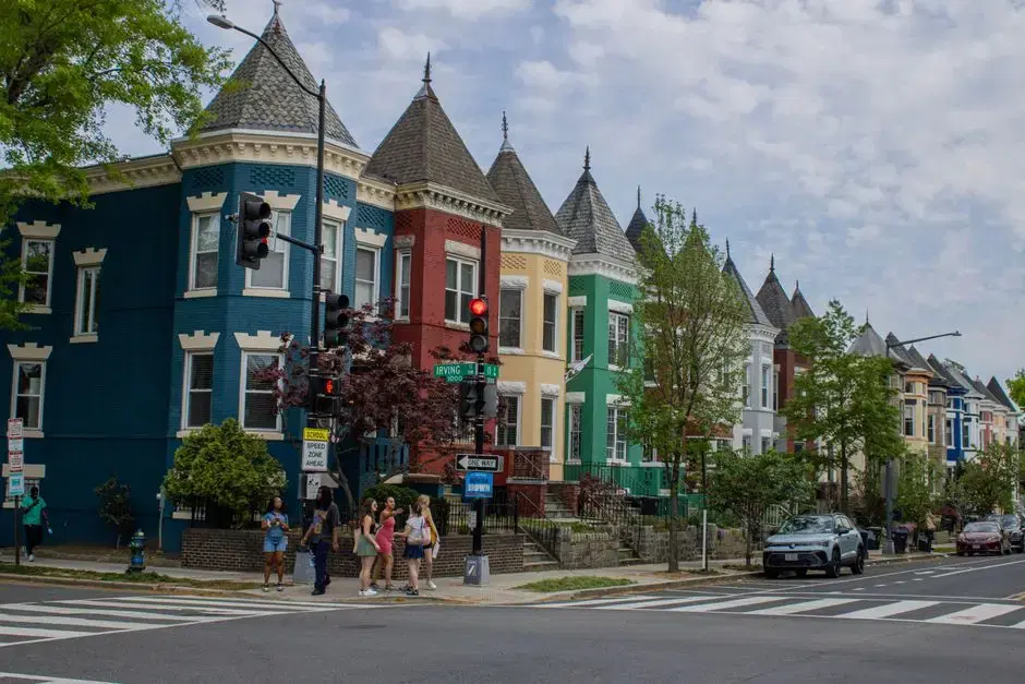 Colorful Victorian rowhouses at the 1000 block of Irving St NW - genuinely Columbia Heights, one block off 11th