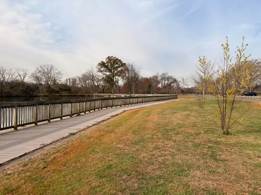 Flat riverside park with wood-railed waterfront walk, lawn and autumn trees; location-anonymous, plausibly reads as Anacostia Park's riverfront lawn