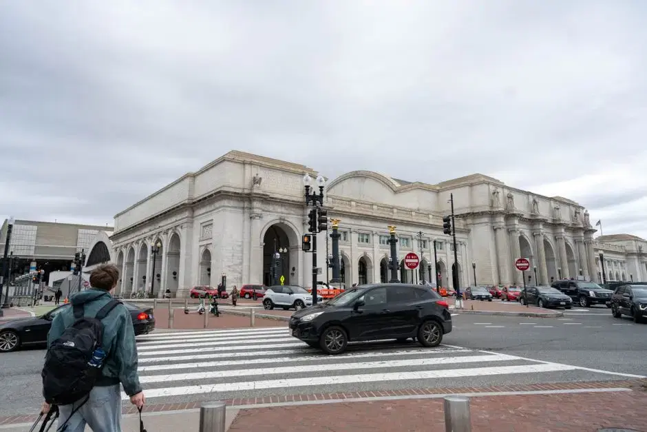 The actual Washington Union Station exterior with pedestrians and traffic