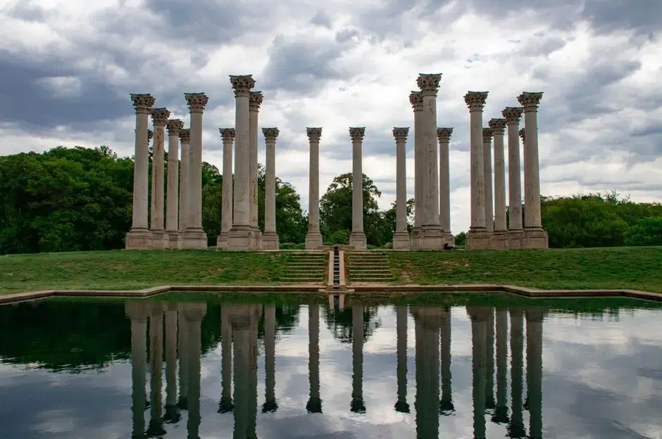 The actual National Capitol Columns at the National Arboretum with reflecting pool