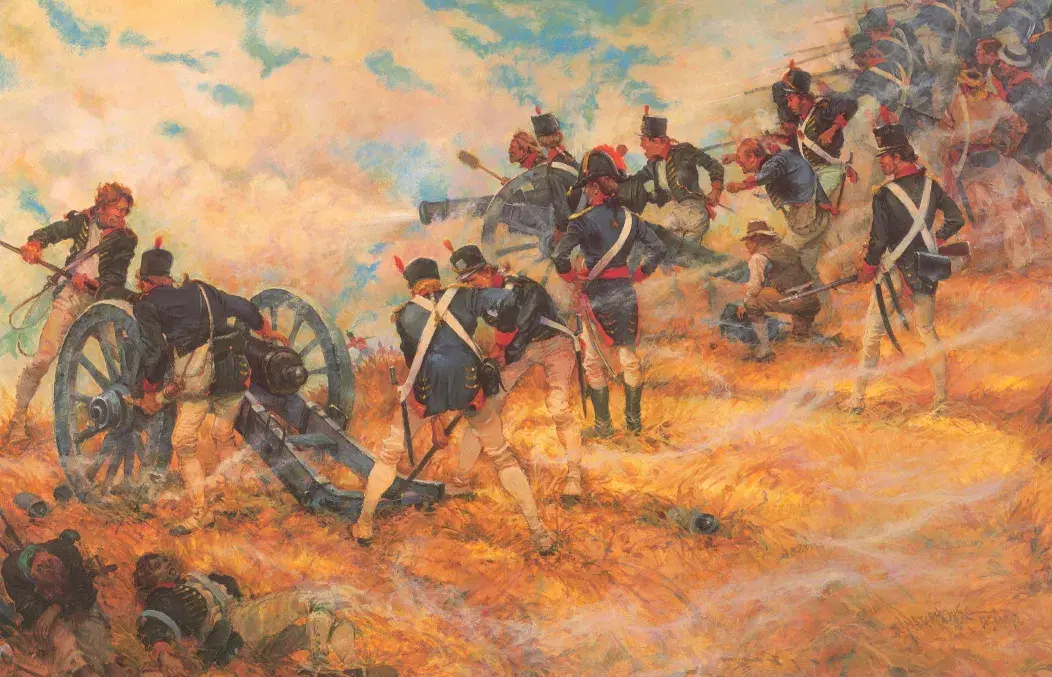 Painting of sailors and Marines in blue coats firing a cannon through smoke